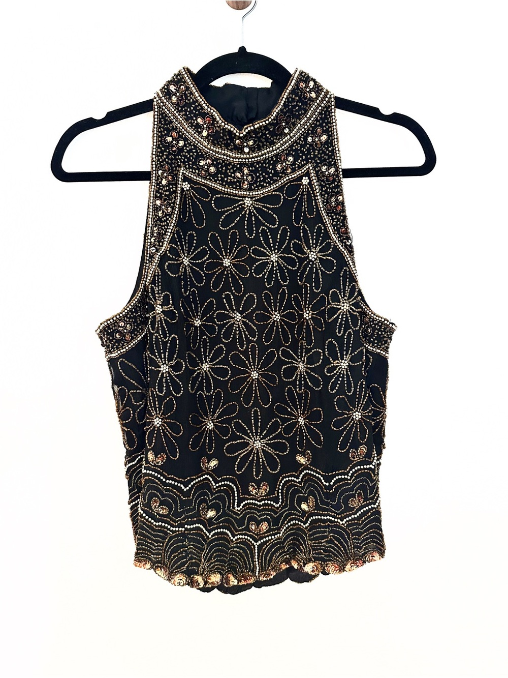 Papell Boutique Evening 100% Silk Black Gold Beaded Top Blouse Large Glam Party